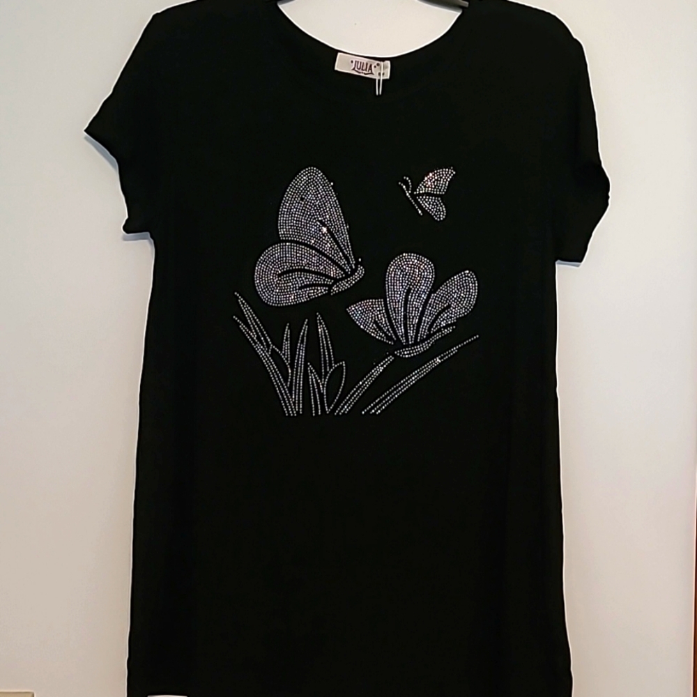 NWT Julia black tee with stone butterflies  Sz S/M